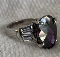 Sterling Silver Ring w/ Purple & White Stones Sz 7