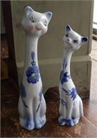 Pair of Blue Floral Tall Siamese Cat Figurines