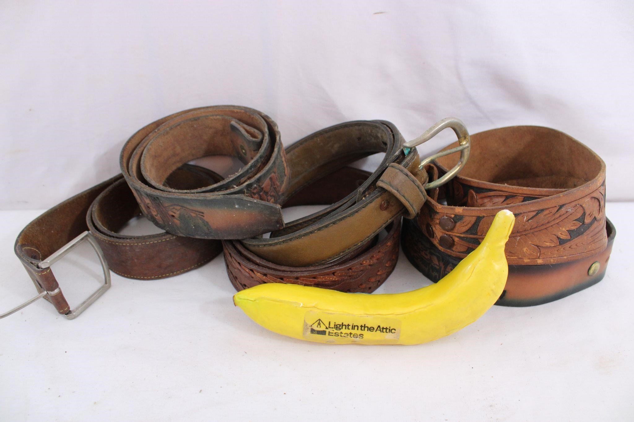 6 Vintage Tooled, Woven Leather, Belt Straps
