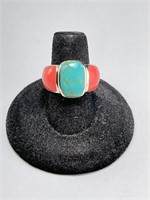 Sterling Turquoise/Coral Ring 6 Gr Size 7