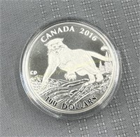 2016 Canada 9999 fine silver 100 dollar Cougar