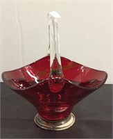 Beautiful ruby red with clear handled basket bowl