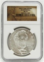2009P LINCOLN SILVER COMMEM NGC MS70