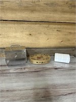 Milk glass, wooden box and metal box with key
