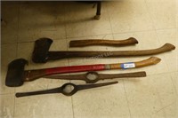 2 axes, pickaxe heads and handle