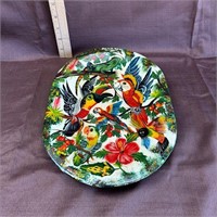 Wooden Wall Hanging Plate w Painted Parrots Panama