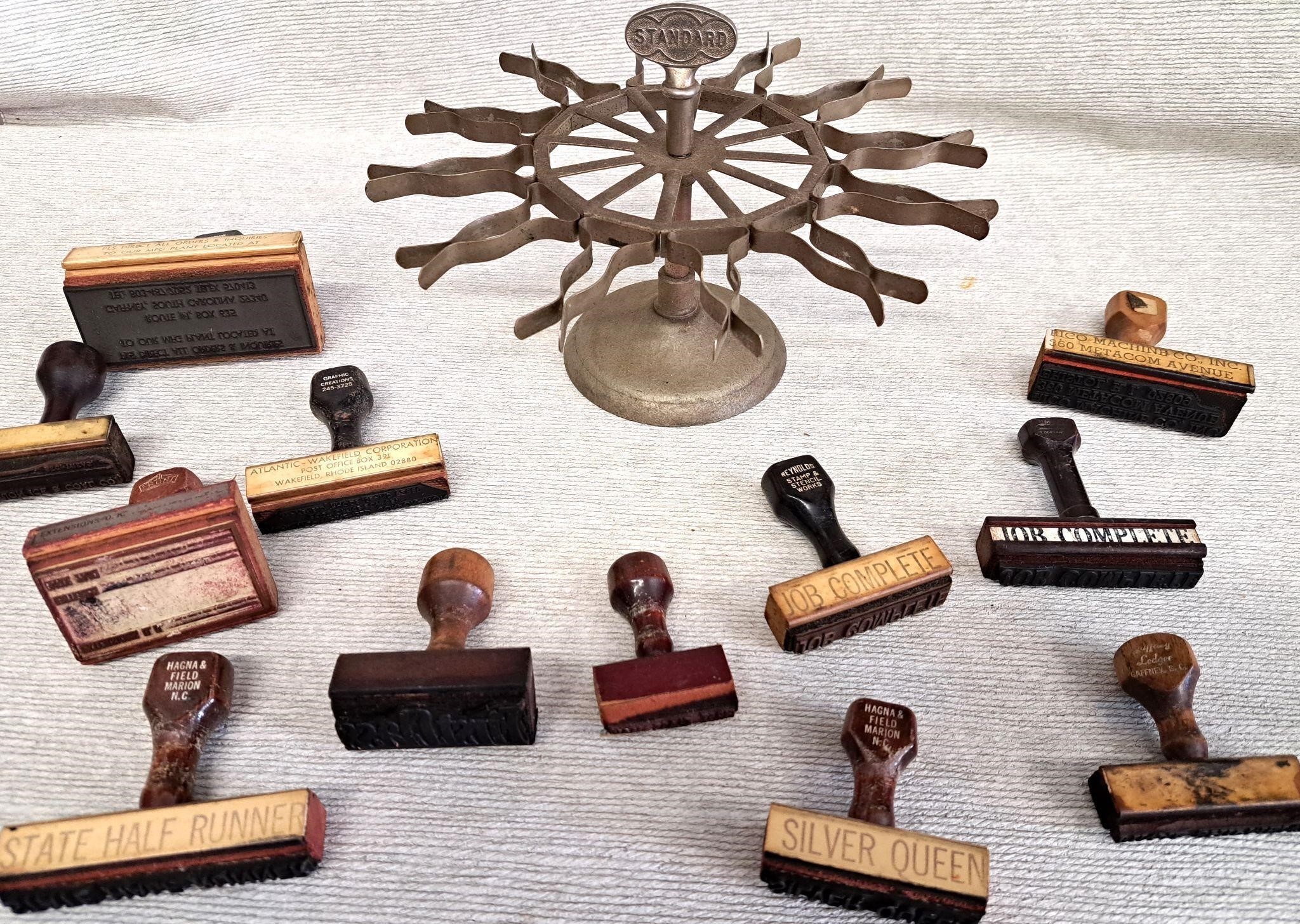 12 PC VINTAGE OFFICE RUBBER STAMPS & SPINNER LOT