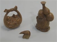 Three Carved Wood Asian Items Tallest 7.25"