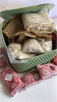 Sewing basket full of vtg lacework, notions