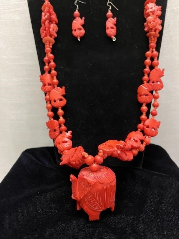 Vintage Carved Coral Necklace matching earrings