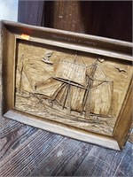 3 pictures, carved ship,stichem,and oil on board