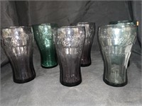 6 COCA-COLA GLASSES - GREEN,  CLEAR, PURPLE