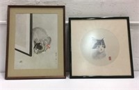 Pair of Asian Cat Art Pieces K15E