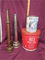 2 Brass vintage fire hose nozzles, Rex lard can