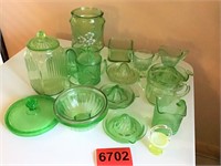 Assorted Green Depression Glass, most chipped