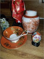 ORIENTAL FIGURINES- CUP AND SAUCER / EGG