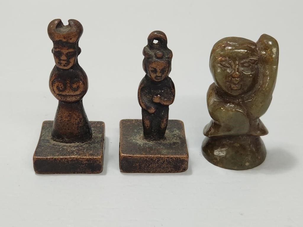 Bronze Seal Chop with Figurines, Jade Figurine