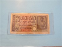 WWII German 20 Reichsmark Bill Currency Bank Note