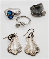 (N) Silvertone Rings (sizes 4, 5 and 9) and Spoon