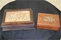 2 Wooden Jewelry Boxes One Has a Fox Hunting
