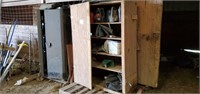 Wood cabinet and contents, 4' wide 5' 6" tall