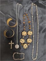Cuff Bracelets, Carved Bone Beads, Crufix & Medal