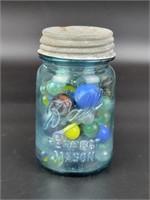 Vintage Aqua Ball Pint Jar w/ Marbles