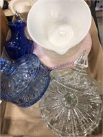 MIXING PITCHER, COVERED GLASS DISHES, PLATES, MISC