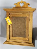 EARLY WOOD HANGING CABINET W/PIERCED TIN FRONT