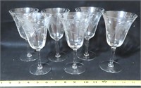 Etched 6 pc wine glass set, old