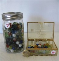 Ball jar filled with marbles and vintage small