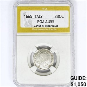 1665 8Bol 2.2g Italy Silver PGA AU55 Lunigiano