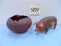 Lefton Red Durock Pig, Van Briggle Flower & Acorn-