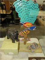 STOOL WOOD ELEPHANT, TURTLES & FISH