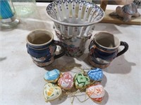 MAJOLICA MUGS, PORCELAIN VASE & HEART BOXES