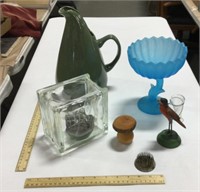 Decor lot w/ ceramic pitcher, blue candy dish, and
