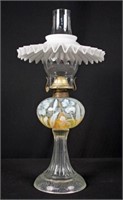 # 2 Oil Lamp w/ Embossed & Opalescent Flowers