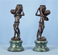 Pair Bronze Cupid Candle Holders on Marble Bases