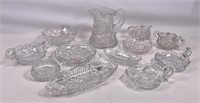Cut glass pitcher, nappies bowls, celery dishes,