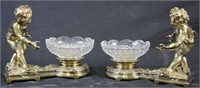 PAIR 19th C. SILVERED BRONZE FIGURES WITH BOWLS