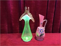 Uranium & Hand Painted Satin Glass Vases