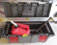 Rubbermaid box, gas can, C-clamp, level