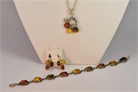 Silver & Amber Necklace, Bracelet, & Earrings Set