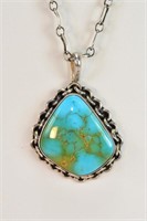 Silver Necklace Turquoise Pendant Signed
