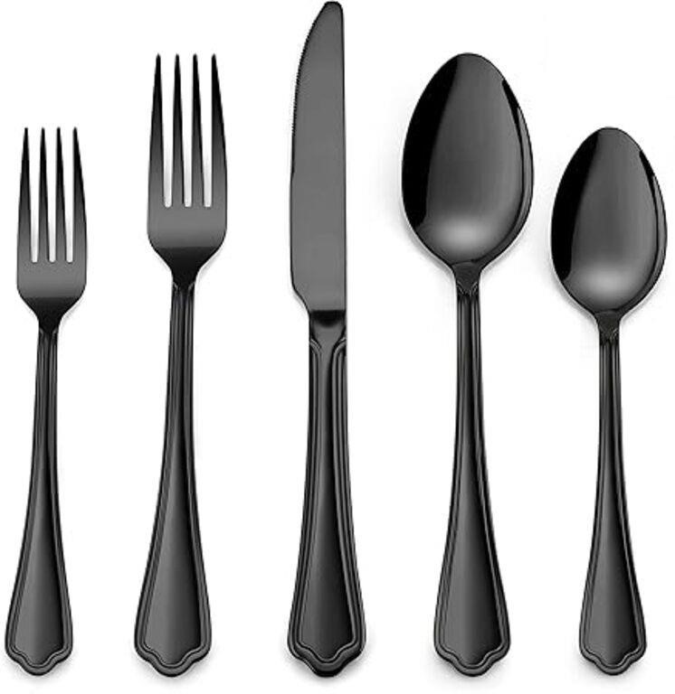 Herogo 40-Piece Black Silverware Set with Scallope