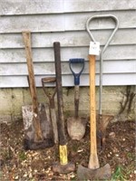 2 double bit axes, plugger, sledge & shovel