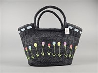 New Vtg Lulu Guinness Tulip Black Straw Tote