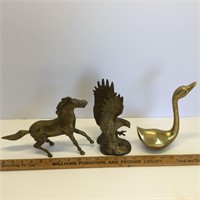 Group of 3 Brass Animals Horse, Swan, Eagle