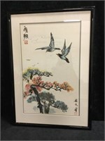 Framed Watercolor of Birds and Cherry Blossom Tree