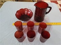 8pc ANCHOR HOCKING ruby red glass hobnail